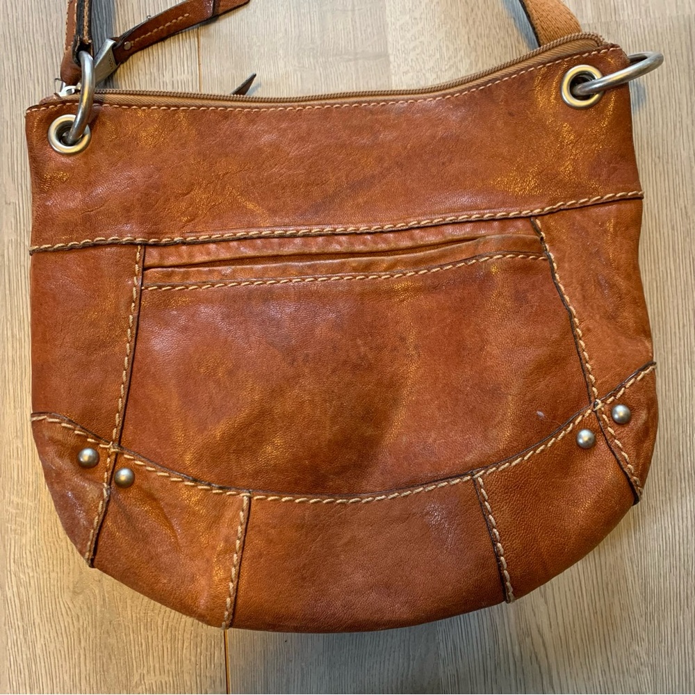 Fossil Brown Leather Long Strap Cross Body Bag Travel Adjustable Silver Tone Zip - Picture 2 of 16